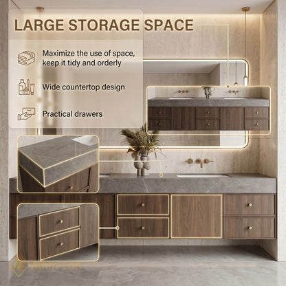 60''-96'' Double Bathroom Vanity with Sink Dark Walnut Slatted Center Deep Drawers