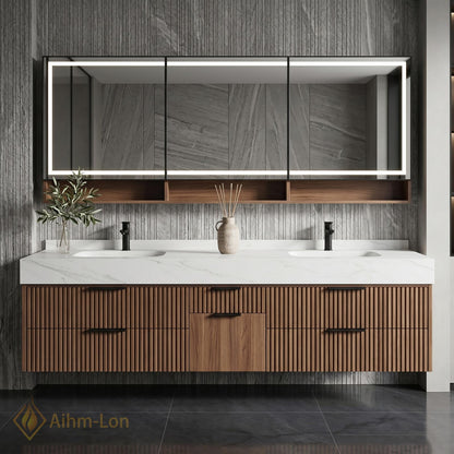 70''-96'' Modern Double Bathroom Vanity with Sink Floating Slatted Doors Warm Walnut