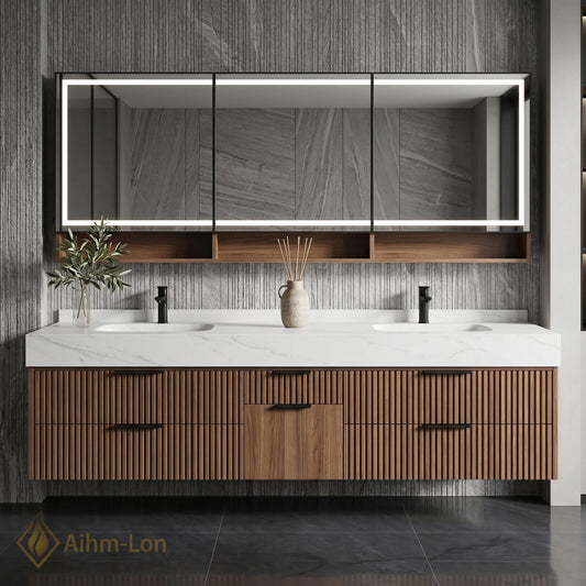 70''-96'' Modern Double Bathroom Vanity with Sink Floating Slatted Doors Warm Walnut