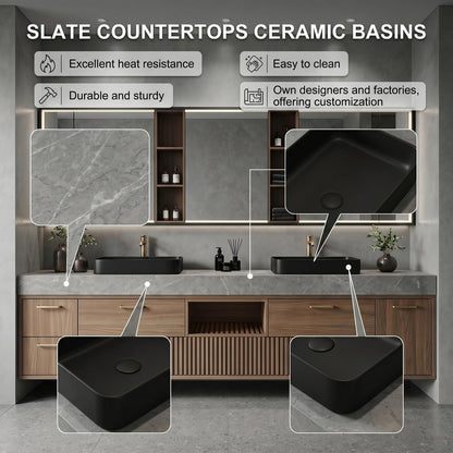 60''-96'' Double Bathroom Vanity with Sink Modern Floating Warm Wood Slatted Center Panel