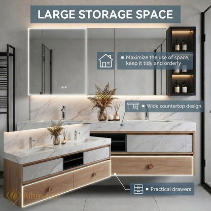 60''-96'' Floating Bathroom Vanity with Sink Wood Framed Marble Patterned Mirror Cabinet