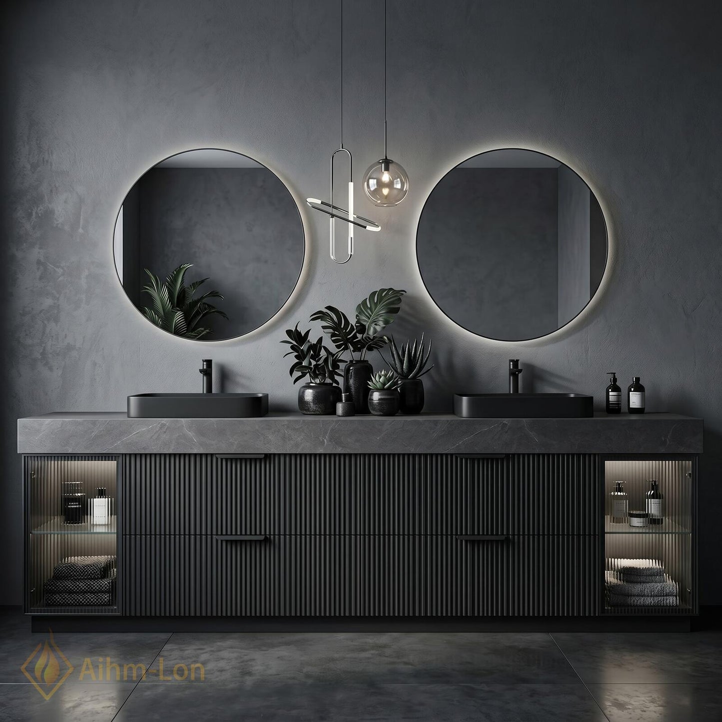 60''-96'' Double Bathroom Vanity with Sink Grey-Stone Glass Door Ribbed Vertical