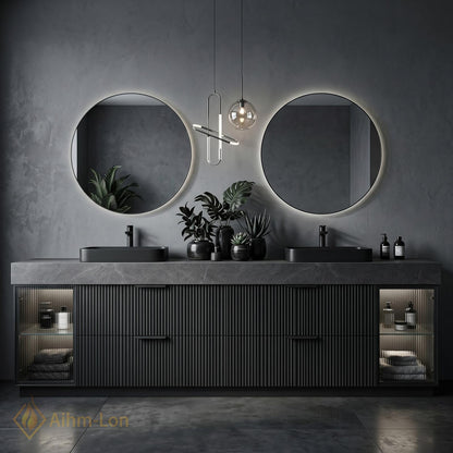 60''-96'' Double Bathroom Vanity with Sink Grey-Stone Glass Door Ribbed Vertical