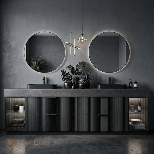 60''-96'' Double Bathroom Vanity with Sink Grey-Stone Glass Door Ribbed Vertical