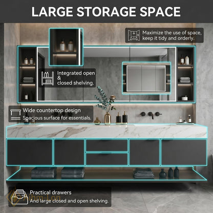 70''-96'' Double Bathroom Vanity with Sink Modern Floating Marble-Look Shelf Large Base