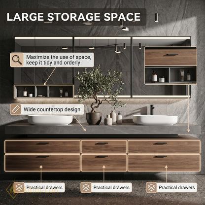 72''-96'' Double Bathroom Vanity with Sink Dark Grey Floating Wooden Drawer Storage