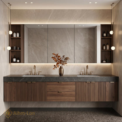 60''-96'' Double Bathroom Vanity with Sink Modern Slatted Front Panels Open Shelving