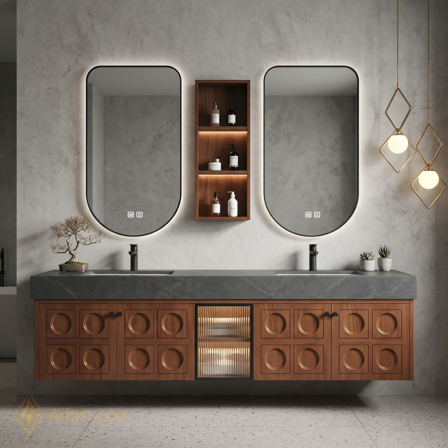 60''-96'' Bathroom Vanity with Sink Grooved Wood Panels Dark Stone Countertop Double