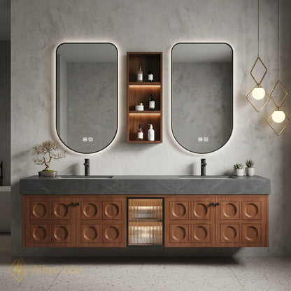 60''-96'' Bathroom Vanity with Sink Grooved Wood Panels Dark Stone Countertop Double