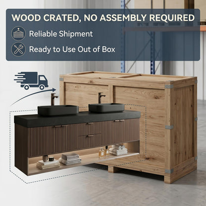 60''-96'' Floating Bathroom Vanity with Sink Double Sink Slatted Front Panel Bottom Cabinet