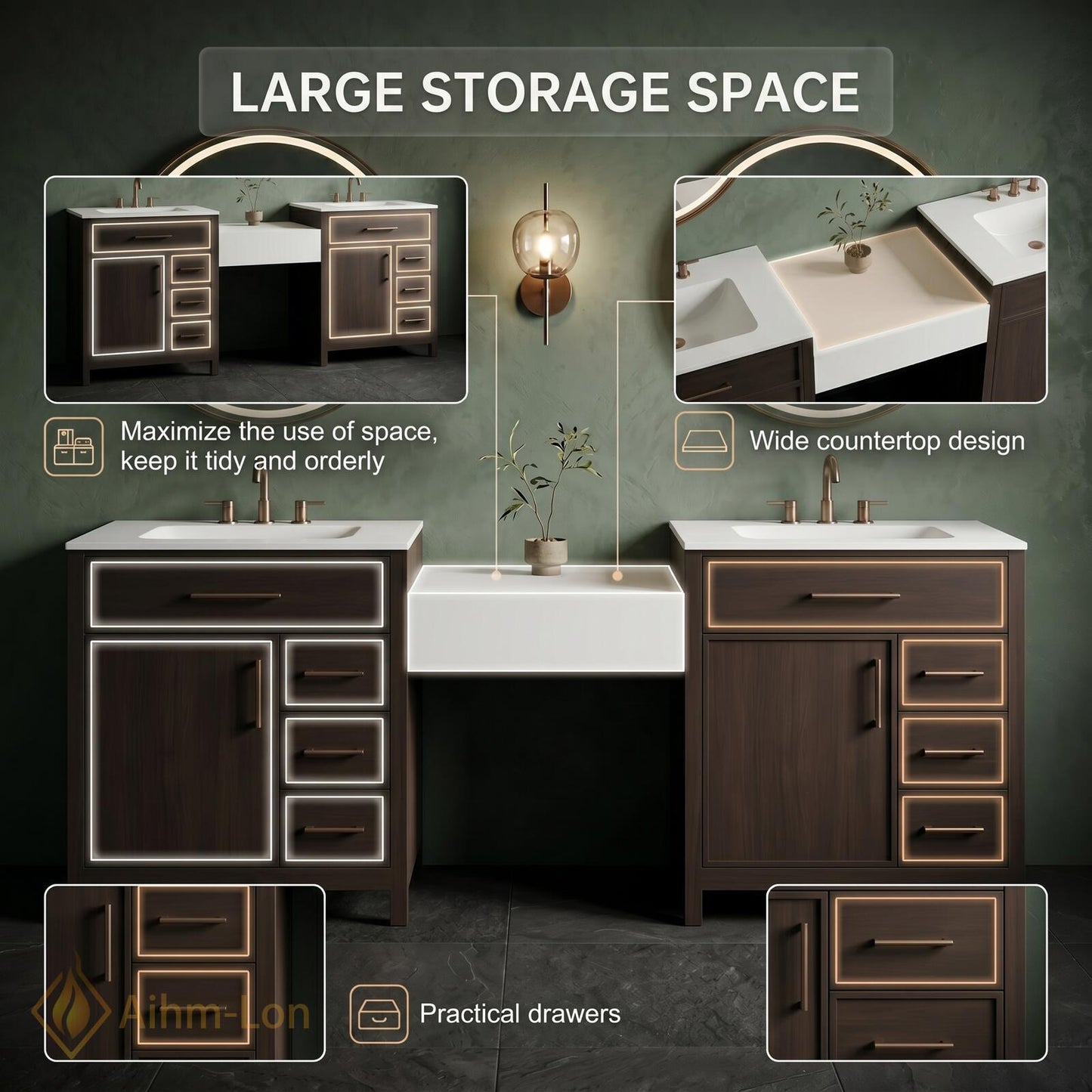 60''-96'' Double Bathroom Vanity with Sink Walnut Floating Modern Slatted Center Panel