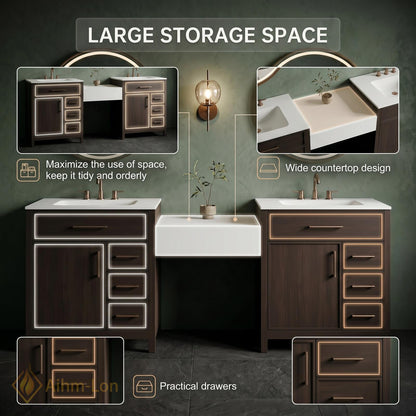 60''-96'' Double Bathroom Vanity with Sink Walnut Floating Modern Slatted Center Panel