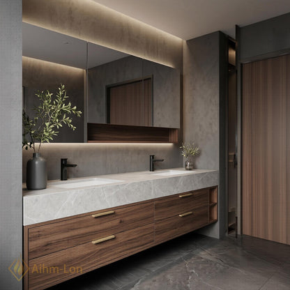 60''-96'' Double Bathroom Vanity with Sink Dark Walnut Finish Slatted Open Shelving