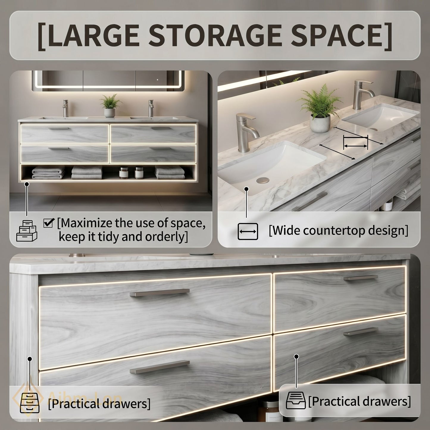 60''-96'' Double Bathroom Vanity with Sink Marble-Like Wood Grain Recessed Basins Mirror