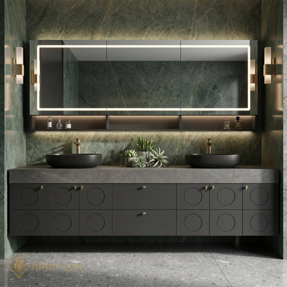 72''-96'' Double Bathroom Vanity with Sink Charcoal Modern Floating Stone Countertop Geometric