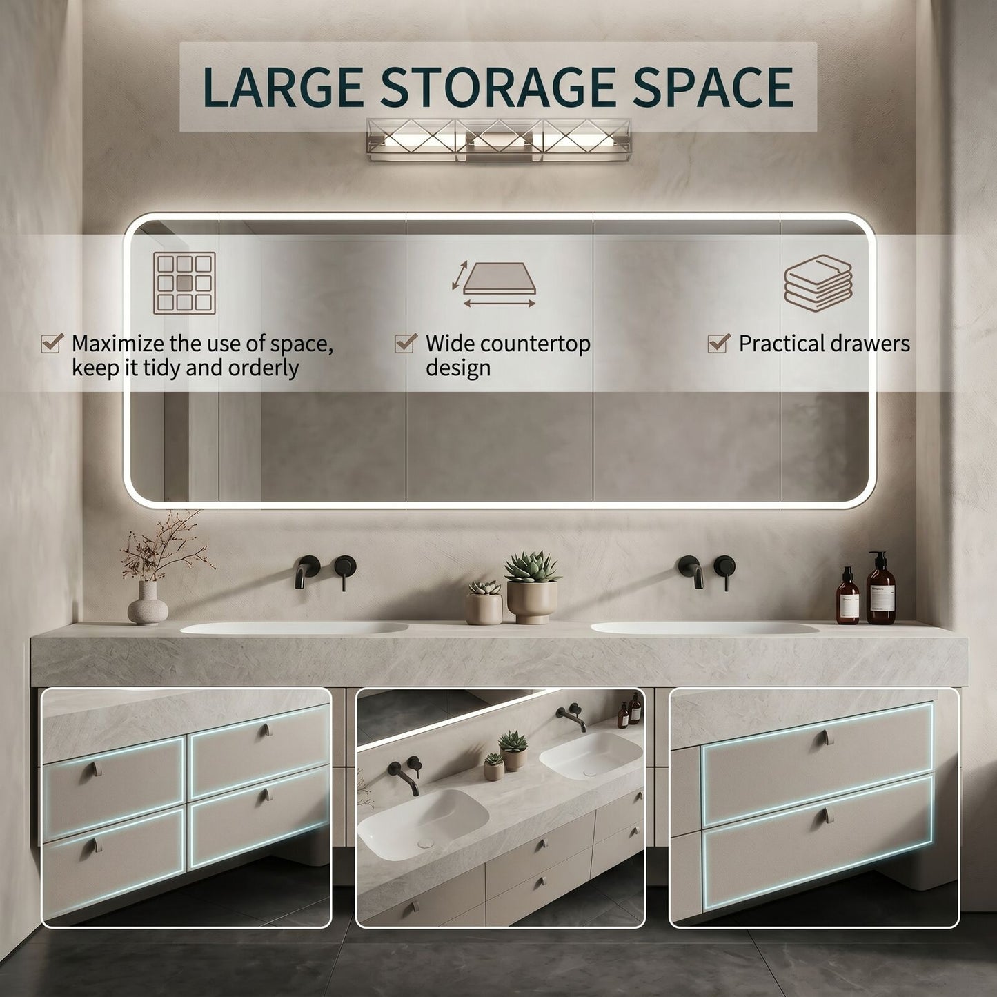 60''-96'' Double Bathroom Vanity with Sink Stone Look Marble Frameless Mirror Drawer Cabinet