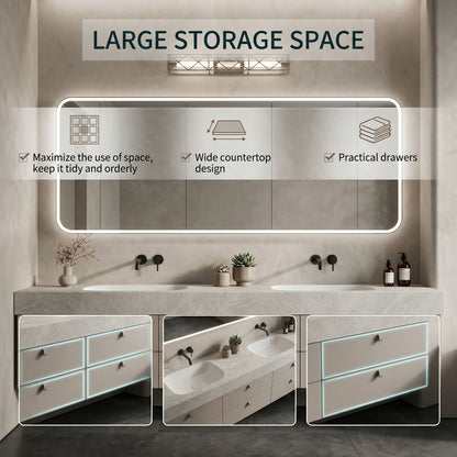 60''-96'' Double Bathroom Vanity with Sink Stone Look Marble Frameless Mirror Drawer Cabinet