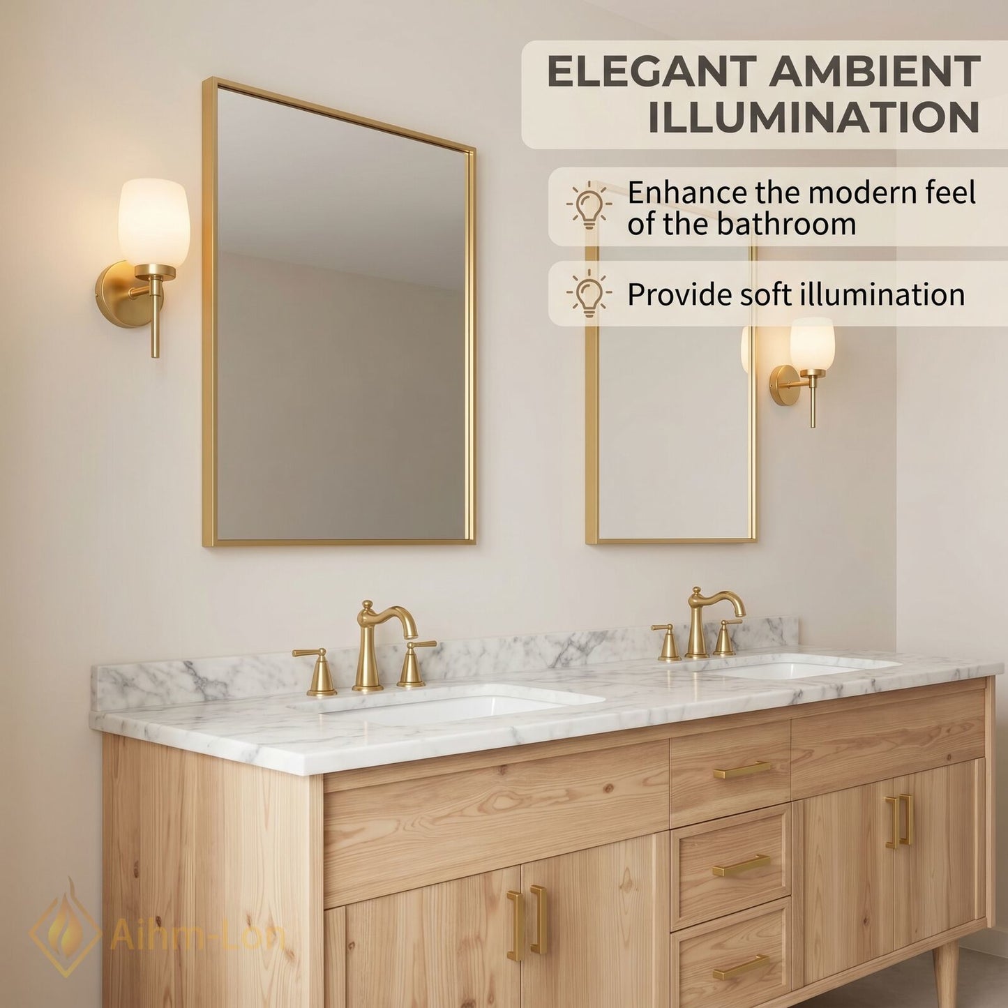 60''-96'' Modern Bathroom Vanity with Sink Wood Grain Marble Gold Handles Cabinet