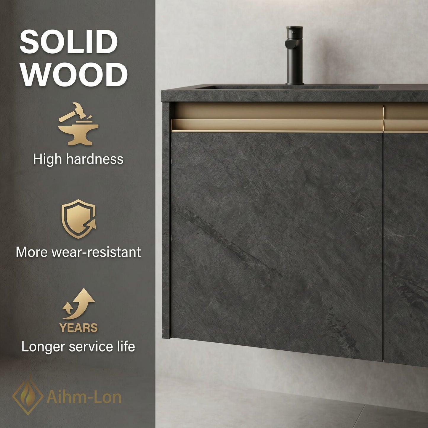 60''-96'' Floating Bathroom Vanity with Sink Dual Basin Grey Marble Finish Gold Mirrors