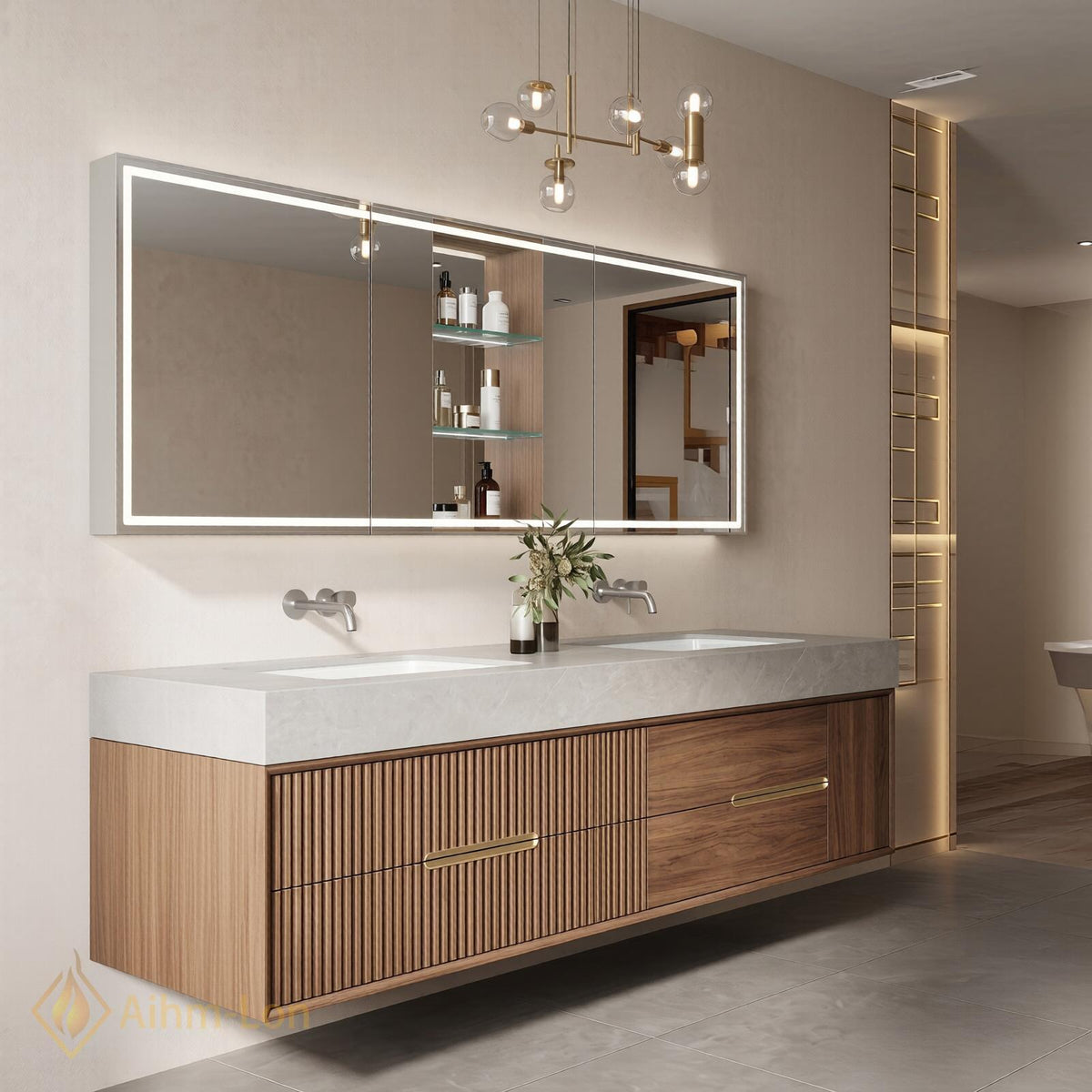 60''-96'' Double Bathroom Vanity with Sink Ribbed Walnut Finish Glass Mirror Shelving