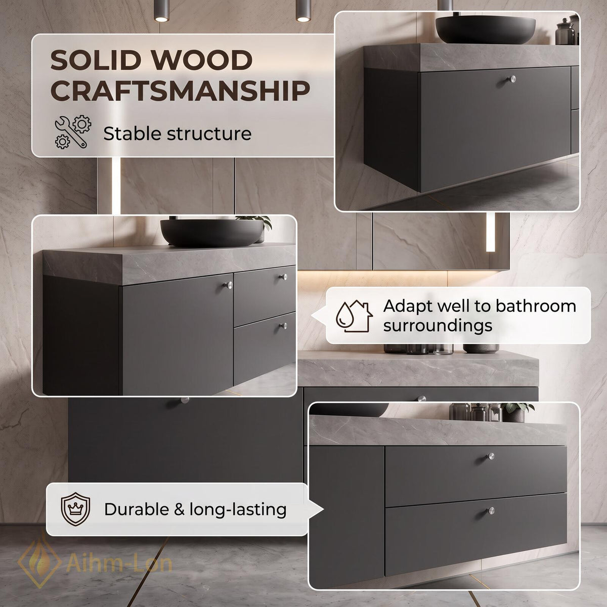36''-110'' Floating Bathroom Vanity with Sink Grey Finish Stone Top Hidden Drawers