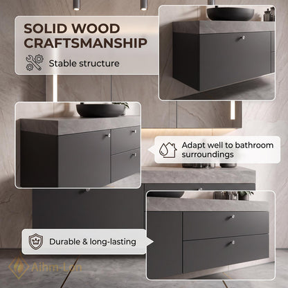 36''-110'' Floating Bathroom Vanity with Sink Grey Finish Stone Top Hidden Drawers