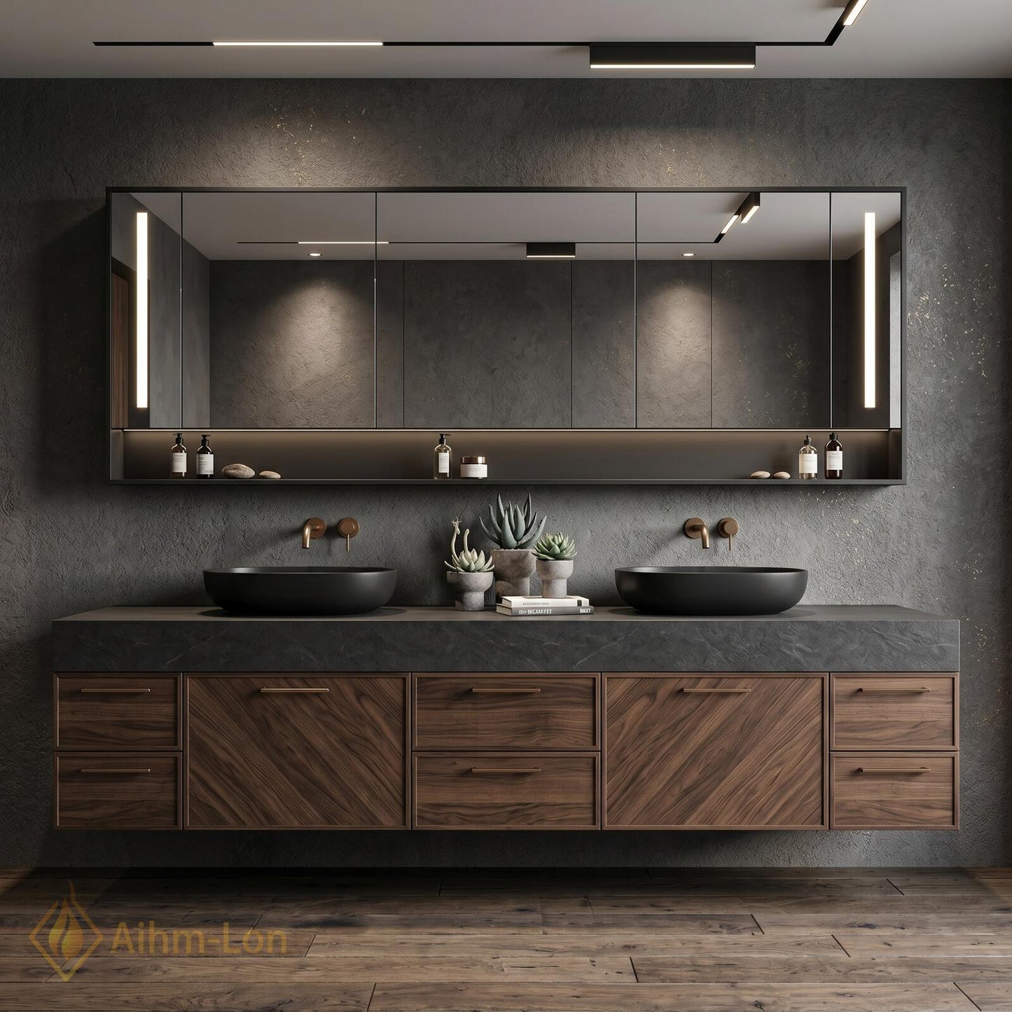 70''-96'' Double Bathroom Vanity with Sink Modern Floating Dark Stone Wood Storage