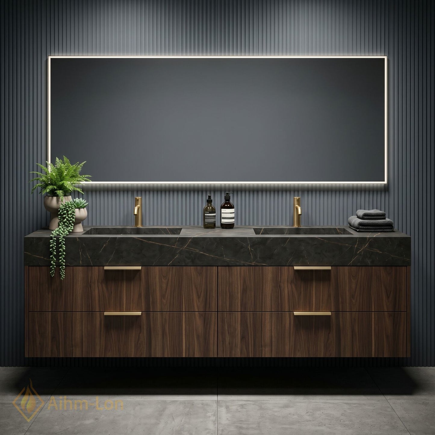 60''-96'' Double Bathroom Vanity with Sink Sleek Floating Silhouette Rich Walnut Wood