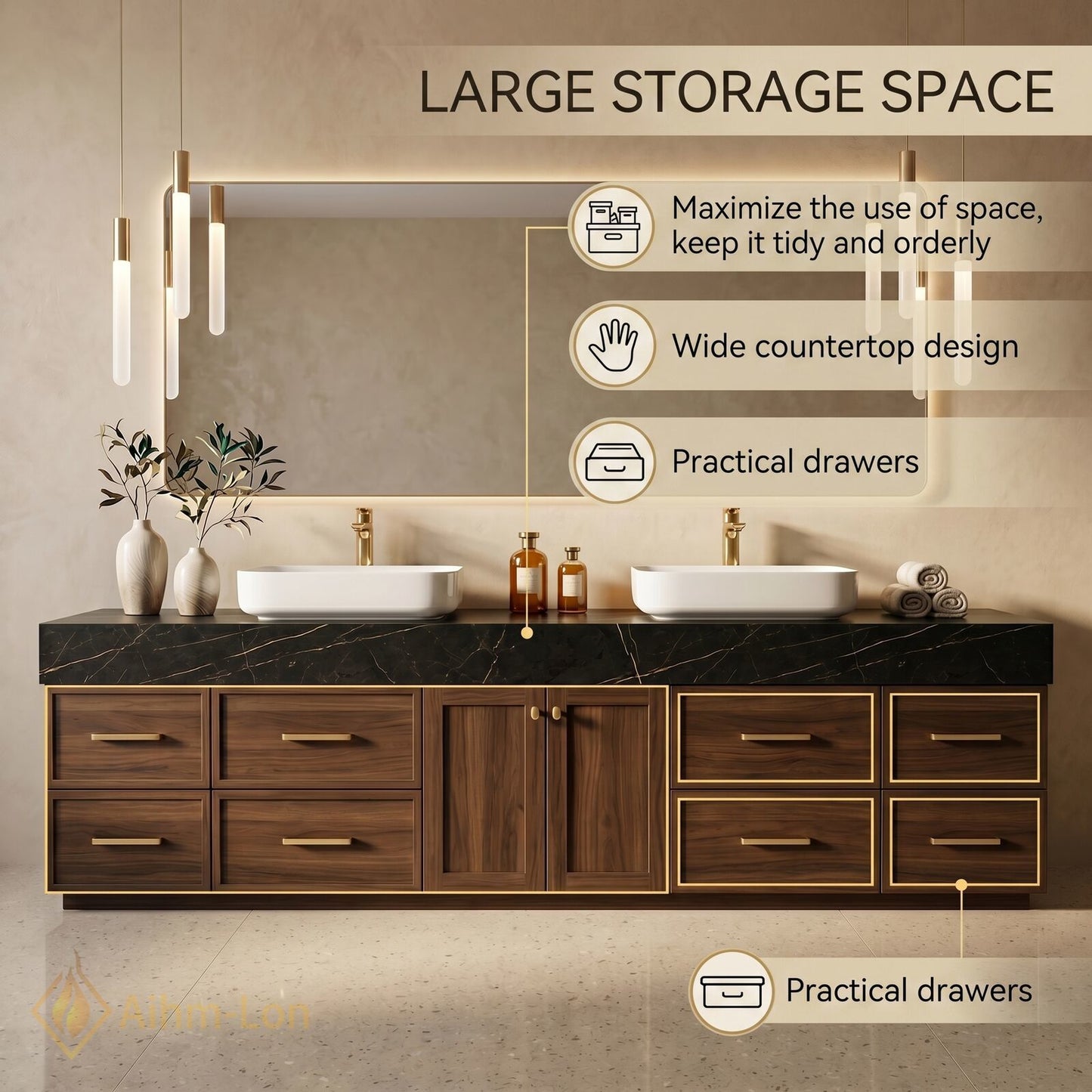 76''-96'' Double Bathroom Vanity with Sink Wood-Grain Dark Marble Top Grained Drawers