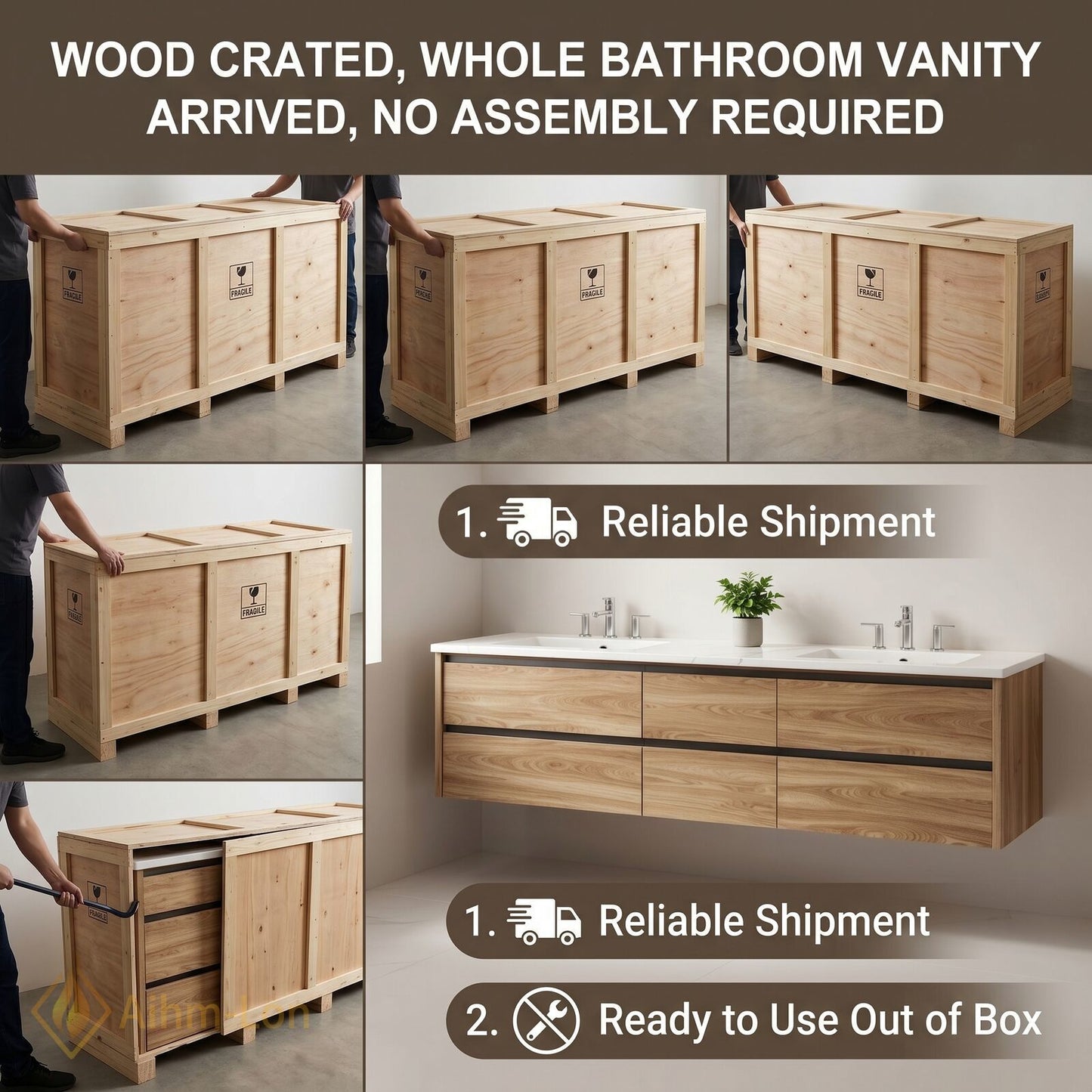 60''-96'' Modern Bathroom Vanity with Sink Floating Marble Drawers Illuminated Mirror