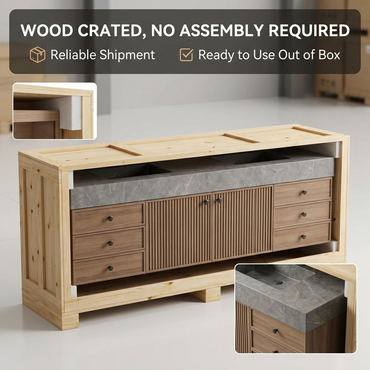 60''-96'' Double Bathroom Vanity with Sink Modern Floating Slatted Wood Doors Wide Countertop