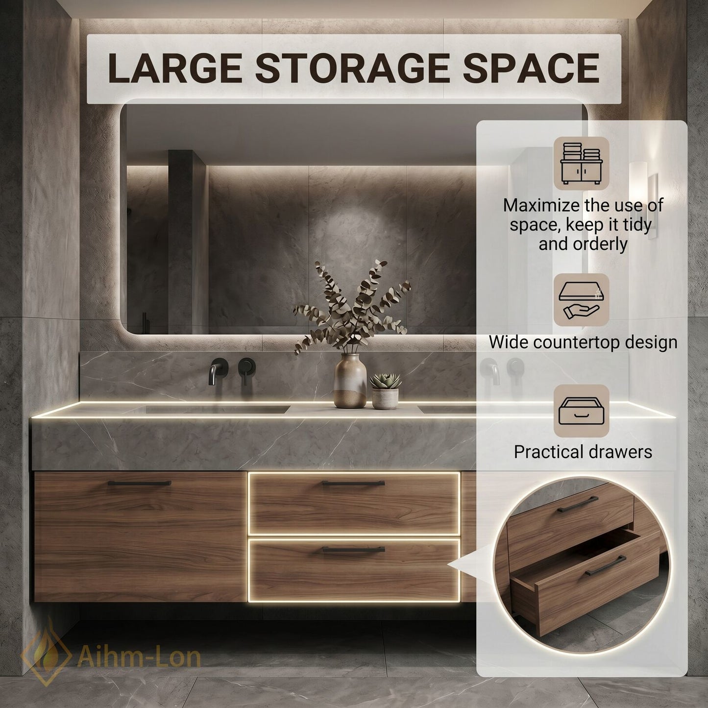 60''-96'' Double Bathroom Vanity with Sink Floating Storage Drawers Grey Marble Texture