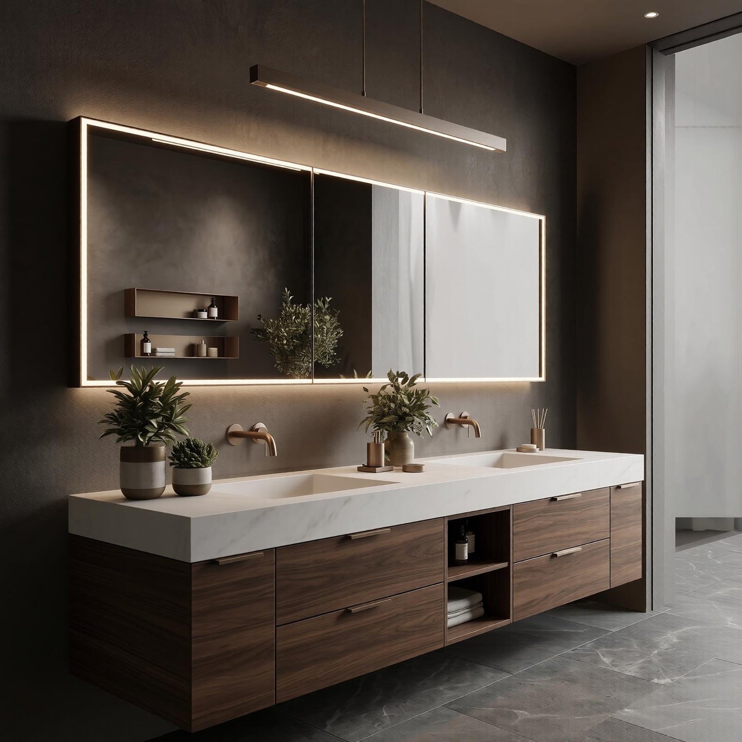 60''-96'' Modern Bathroom Vanity with Sink Double Sink Dark Walnut Slatted Center Panel Cabinet