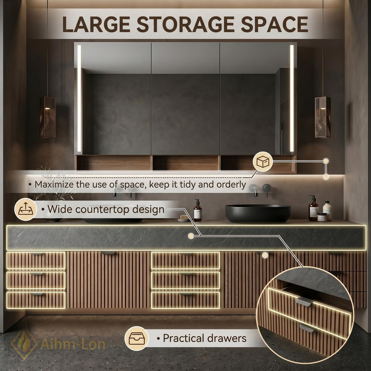 60''-96'' Double Bathroom Vanity with Sink Floating Dark Stone Top Slatted Doors