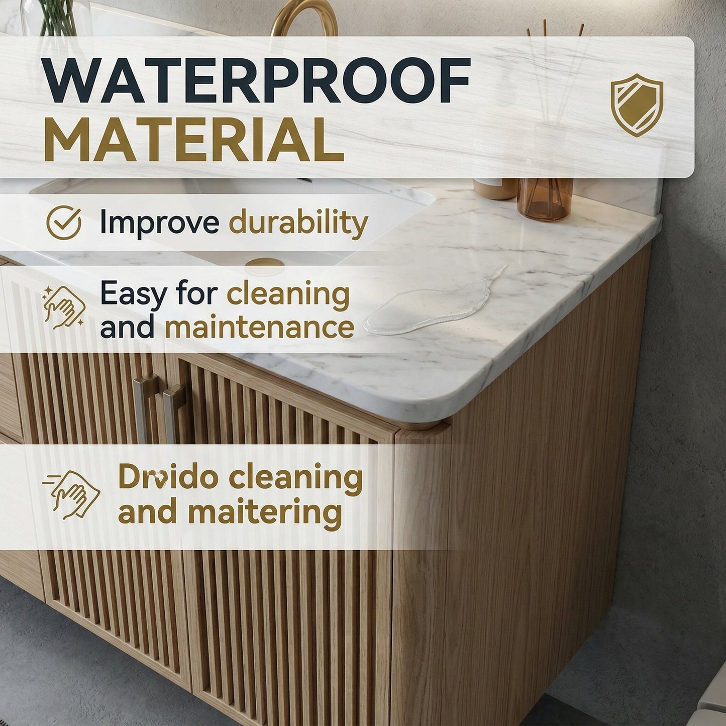 60"-96"Wooden Modern Bathroom Vanity with Slatted Doors, Marble-Effect Top