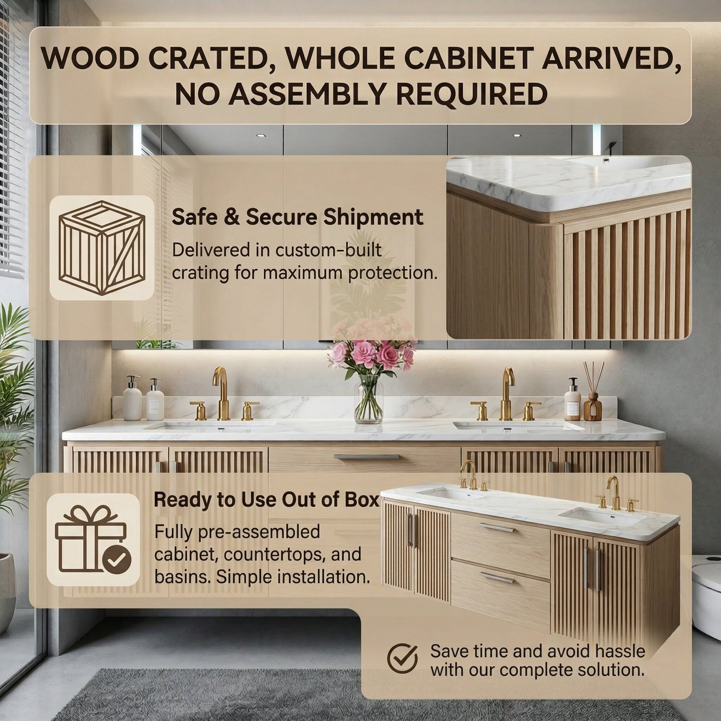 60"-96"Wooden Modern Bathroom Vanity with Slatted Doors, Marble-Effect Top