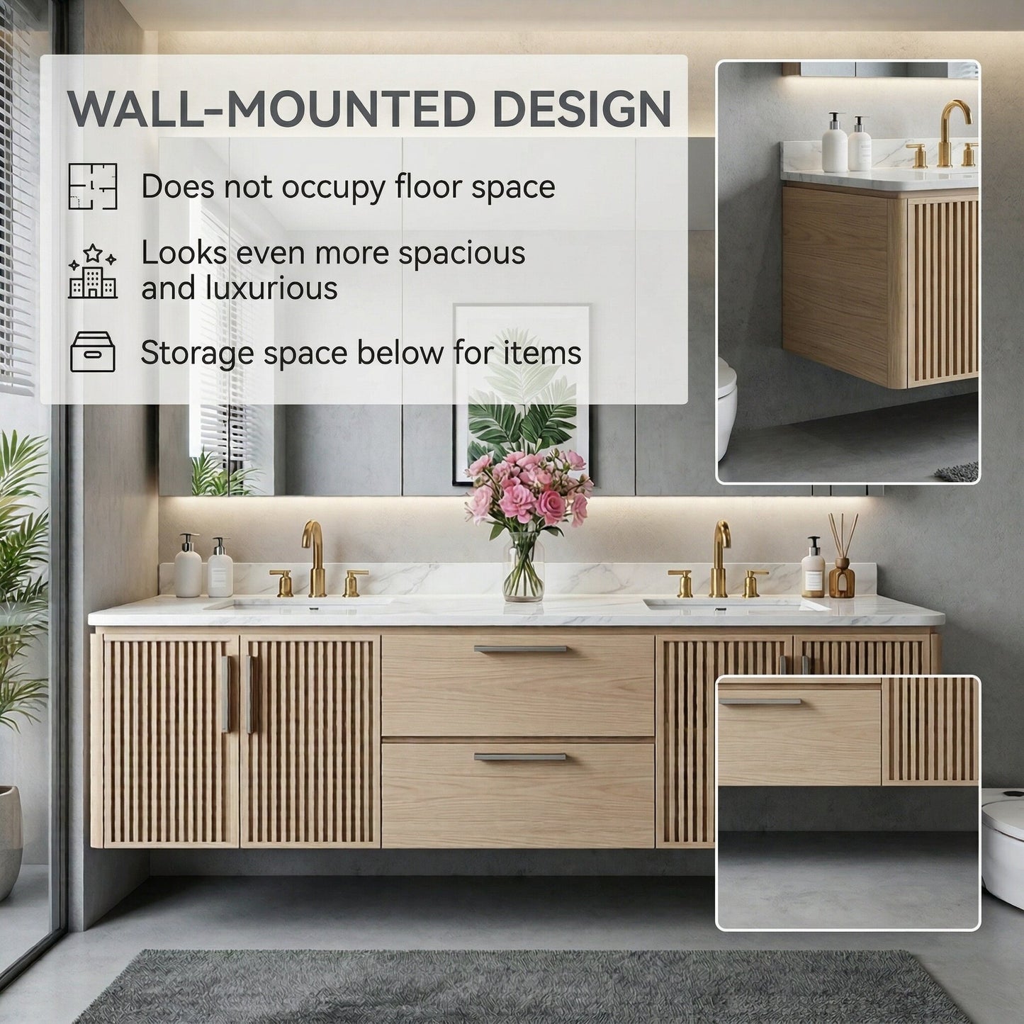 60"-96"Wooden Modern Bathroom Vanity with Slatted Doors, Marble-Effect Top