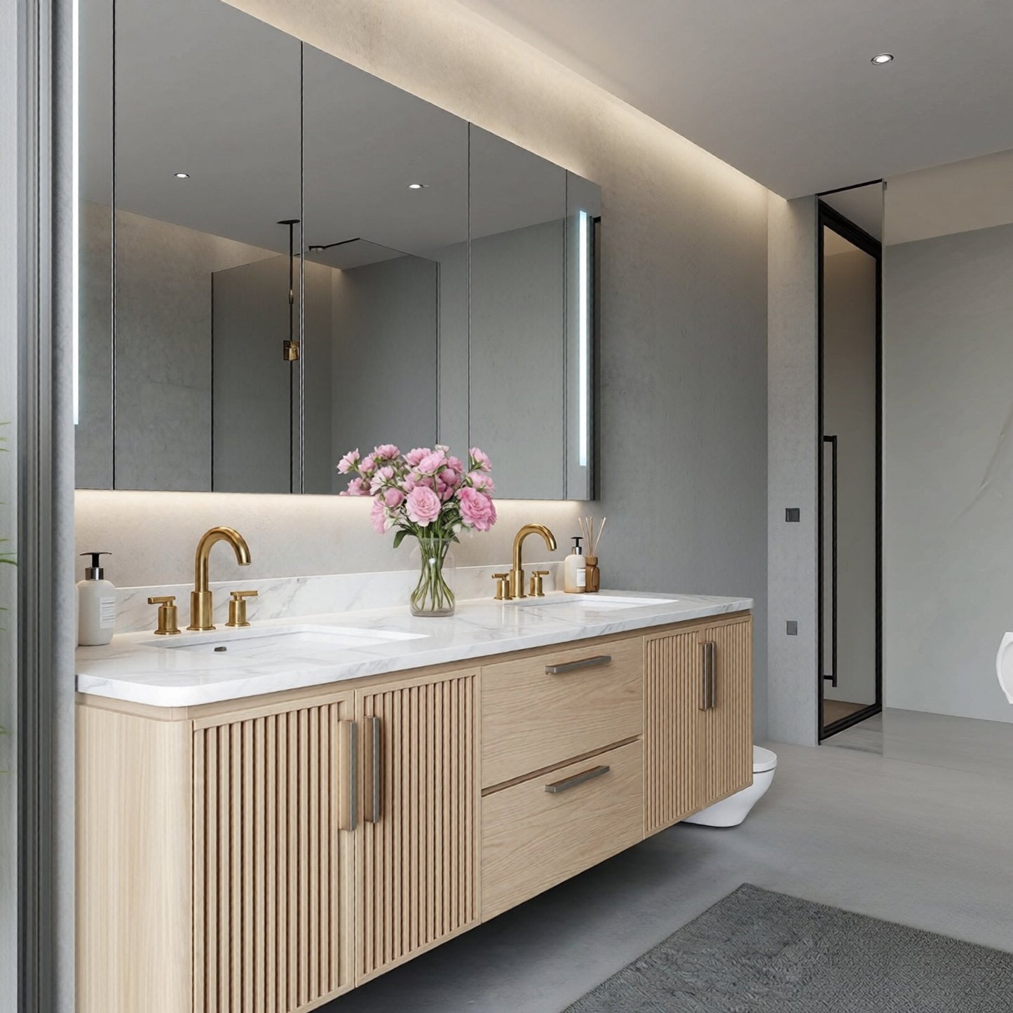 60"-96"Wooden Modern Bathroom Vanity with Slatted Doors, Marble-Effect Top