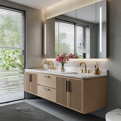 60"-96"Wooden Modern Bathroom Vanity with Slatted Doors, Marble-Effect Top
