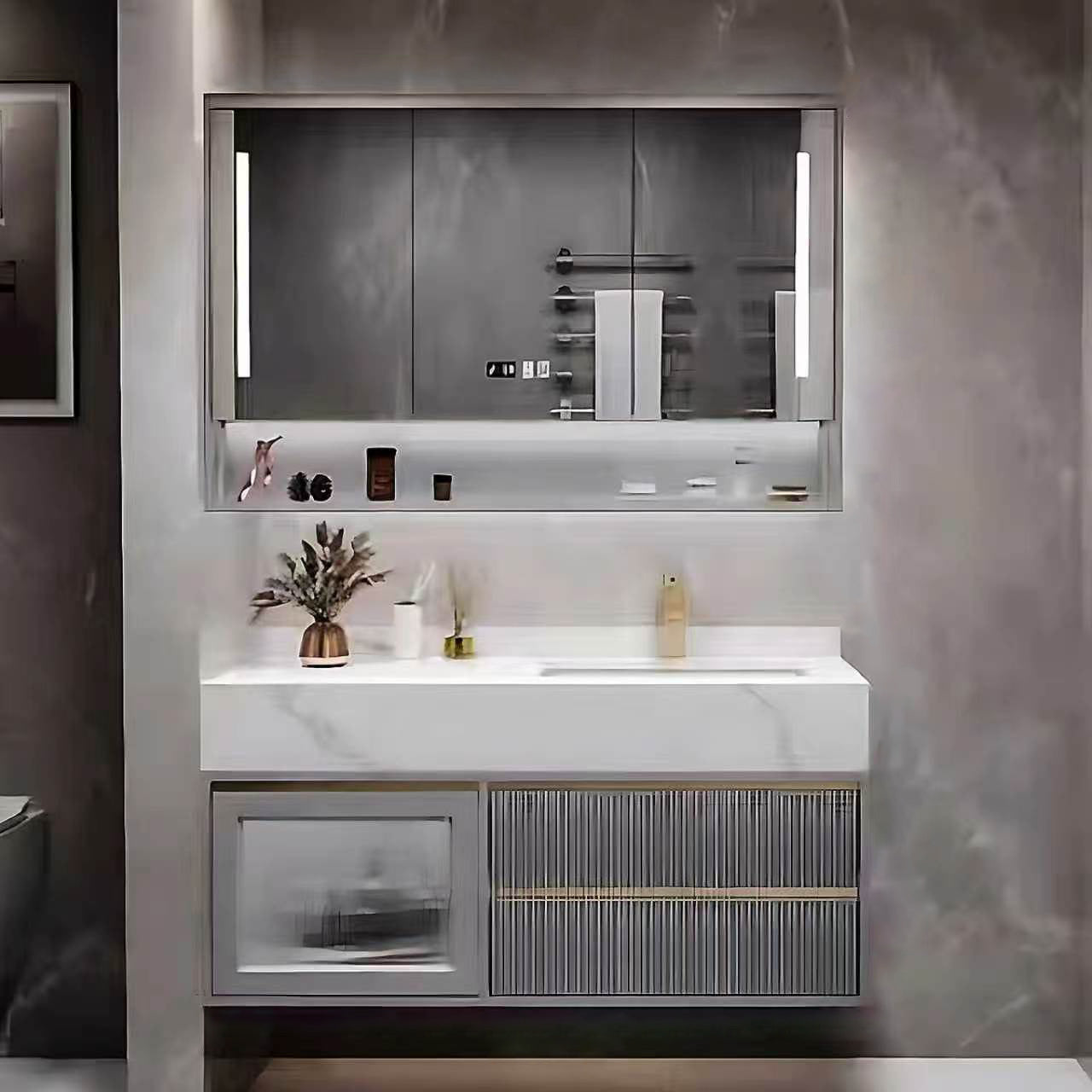 36"- 60" Modern Grey Bathroom Vanity Set with Ceramic Basin and Smart Mirror Cabinet