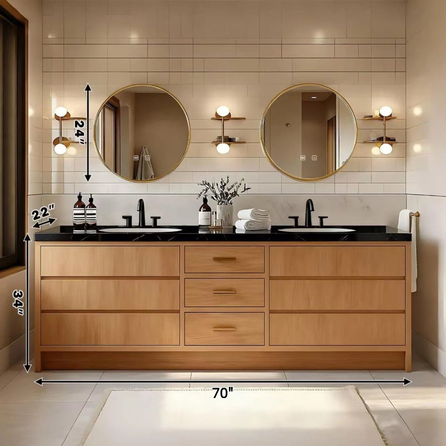 70" Double Sink Bathroom Vanity with Freestanding Includes Wood Grain Cabinet