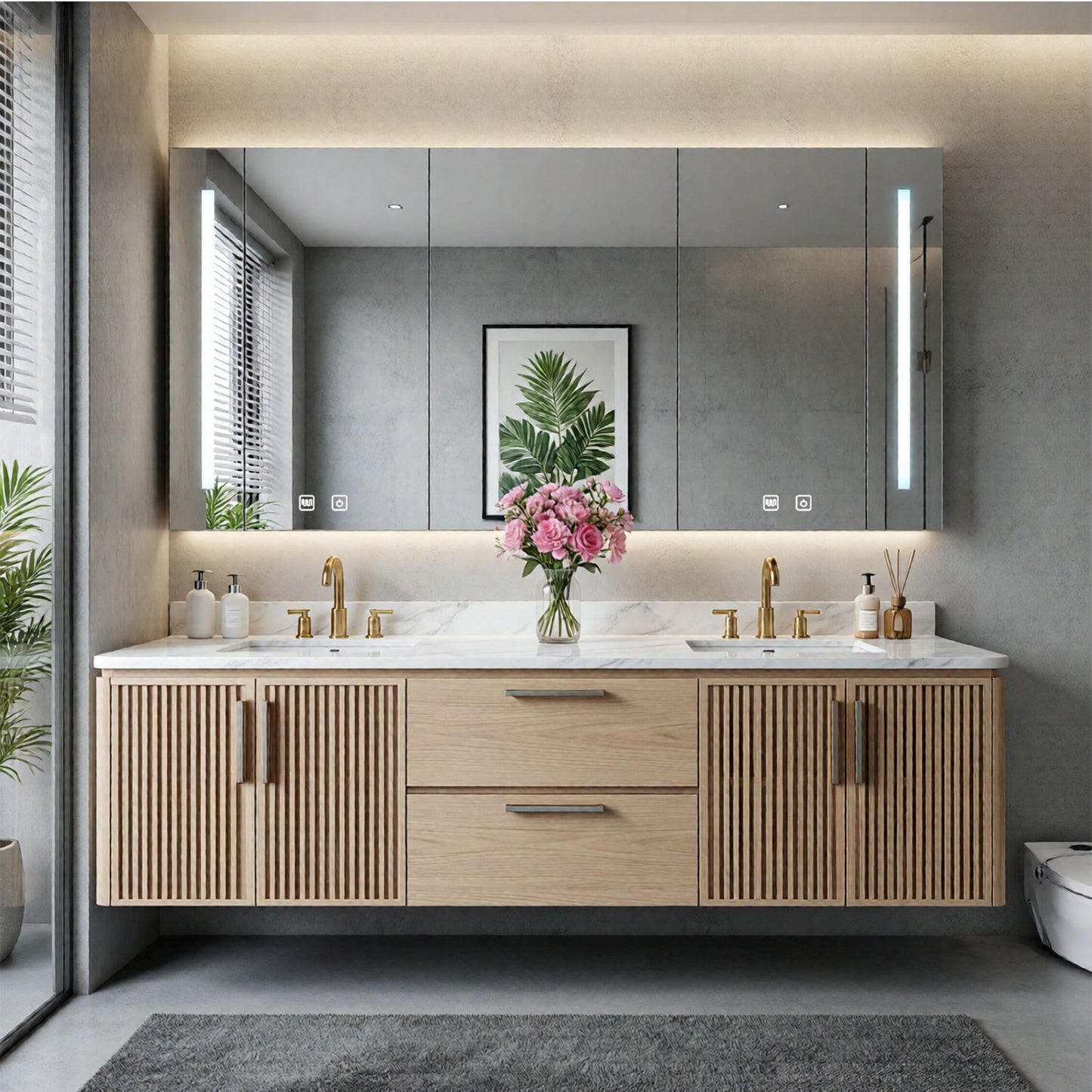 60"-96"Wooden Modern Bathroom Vanity with Slatted Doors, Marble-Effect Top