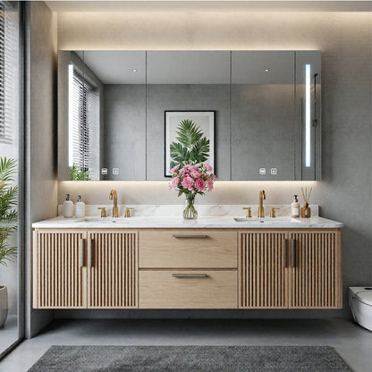 60"-96"Wooden Modern Bathroom Vanity with Slatted Doors, Marble-Effect Top