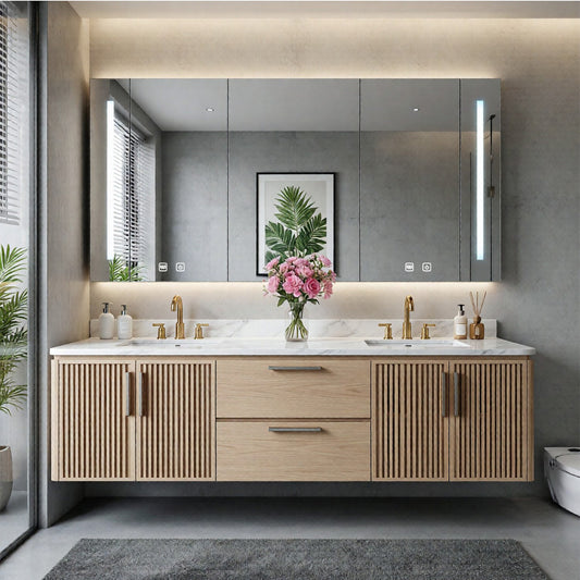 60"-96"Wooden Modern Bathroom Vanity with Slatted Doors, Marble-Effect Top