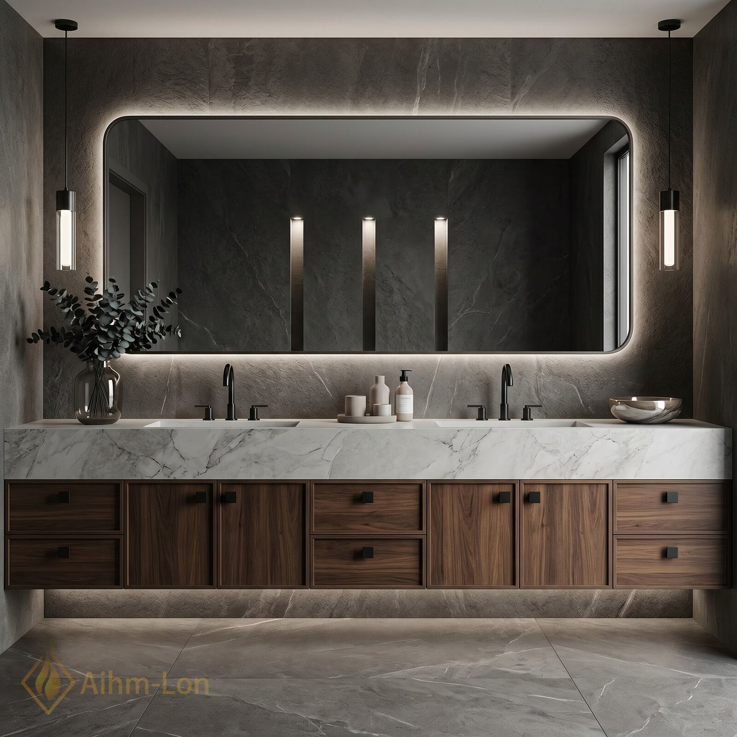 76''-96'' Double Bathroom Vanity with Sink Walnut Floating Elegant Marble Top Wood