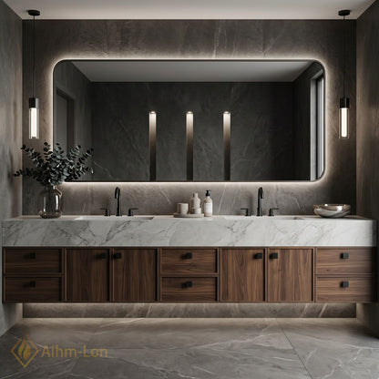 76''-96'' Double Bathroom Vanity with Sink Walnut Floating Elegant Marble Top Wood