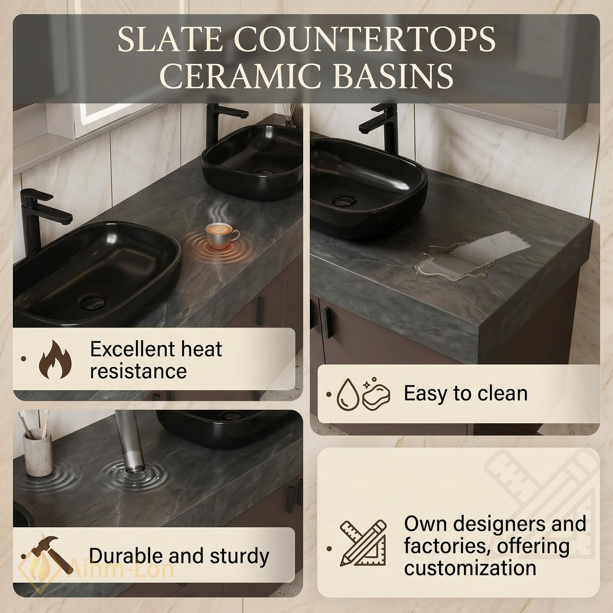 60''-96'' Double Bathroom Vanity with Sink Dark Slate Textured Stone Drawer Storage