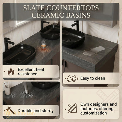 60''-96'' Double Bathroom Vanity with Sink Dark Slate Textured Stone Drawer Storage