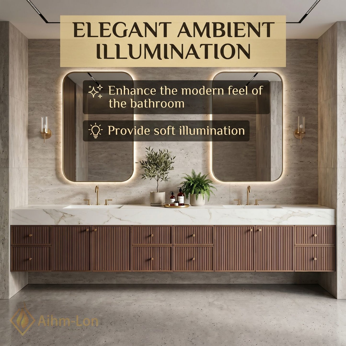 76''-96'' Double Bathroom Vanity with Sink Modern Ridge Panel Wood Texture Illuminated