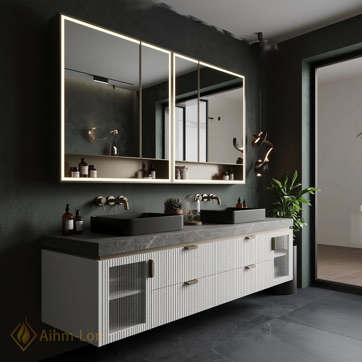 70''-96'' Double Bathroom Vanity with Sink Floating Fluted Ribbed Frosted Glass Panels